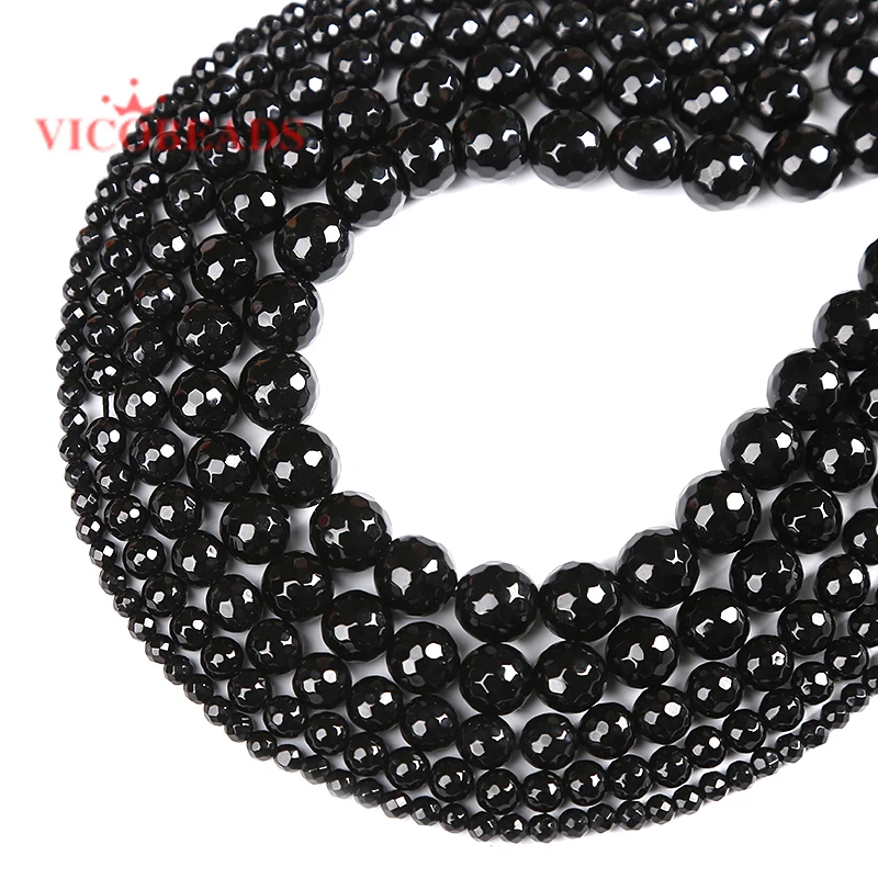 

Natural Stone small Faceted Black Onyx Agates Round Loose Beads 15" Strand 4 6 8 10 12MM Pick Size For Jewelry