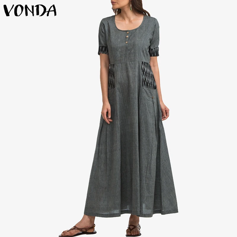 2019 VONDA امرأة خمر اللباس الصيف ماكسي اللباس عارضة الشاطئ Vestido قصيرة كم طويل فضفاض رداء مثير حزب فستان الشمس زائد حجم