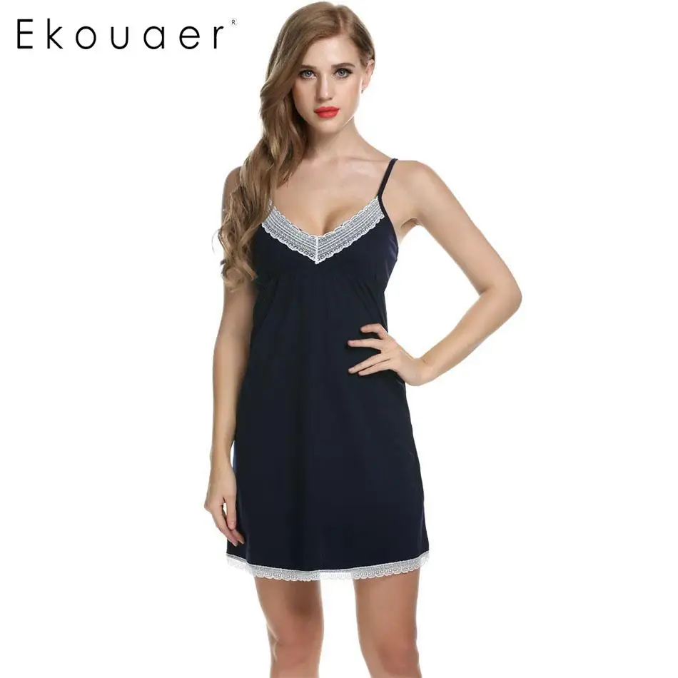 Ekouaer, сексуальная ночная рубашка для женщин, на бретелях, спагетти, мини, v-образный вырез, кружевная отделка, ночная рубашка, женское белье, ночная рубашка