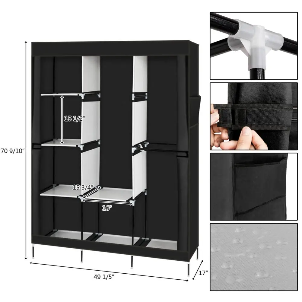 71/" Portable Clothes Storage Closet Organizer Shelf Wardrobe Rack Shelves Gray