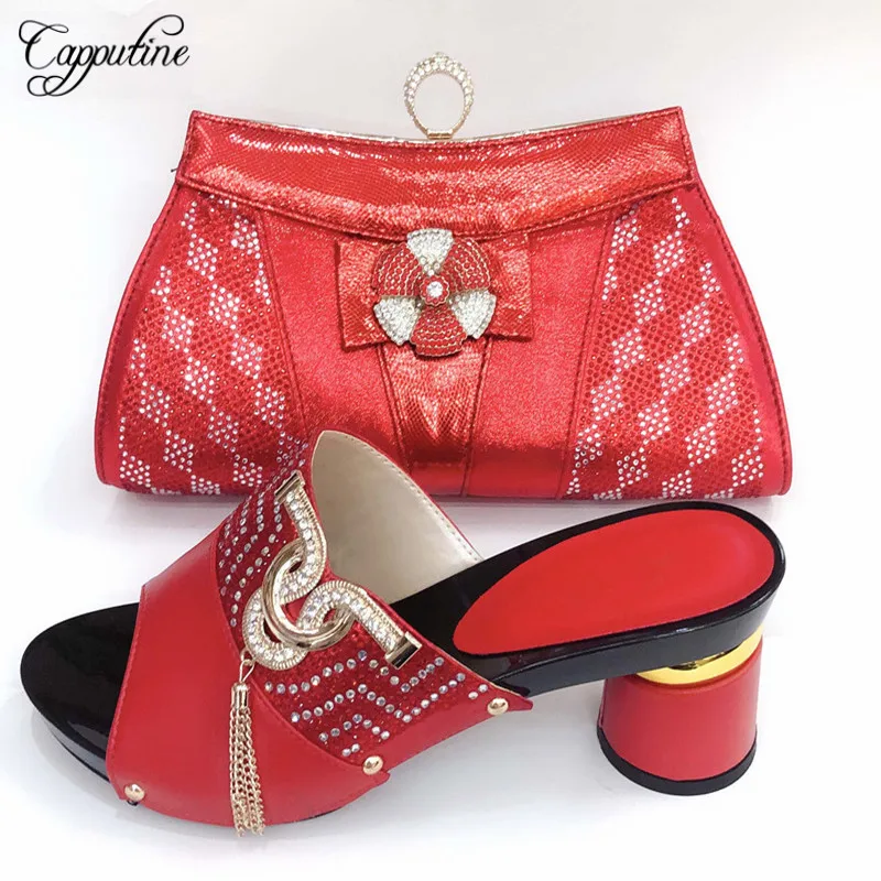 

Capputine Nigerian Style Summer Woman Shoes And Bag To Match Set African High Heels 8CM Shoes And Bag Set For Party 4Colors