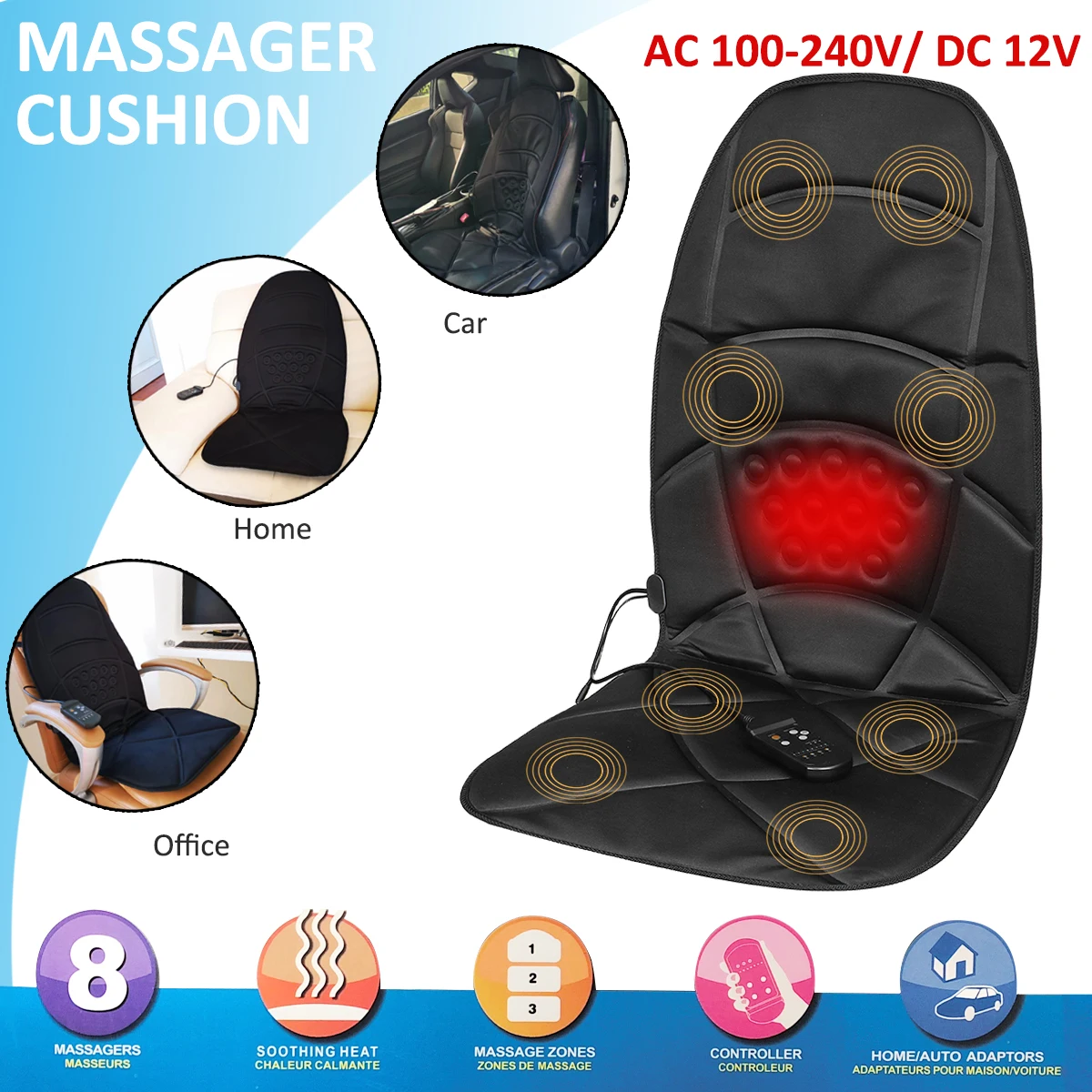 Heated Massage Seat Topper Car Home Office Chair Massager Heat Vibrate
