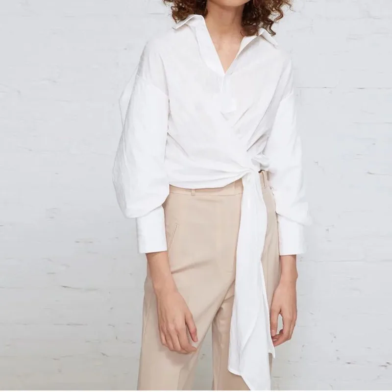 

[EWQ] 2019 New Fashion Summer Spring Lapel Irregular Long Lantern Sleeve Blouse Pleated Backless Loose Shirt Woman BL281