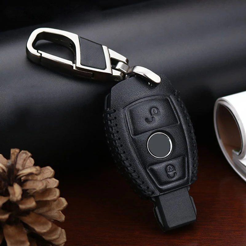 

1x Leather 2 Buttons Car Remote Key Case Fob Cover Chain Car Key Shell Cases For Mercedes Benz Auto accessories