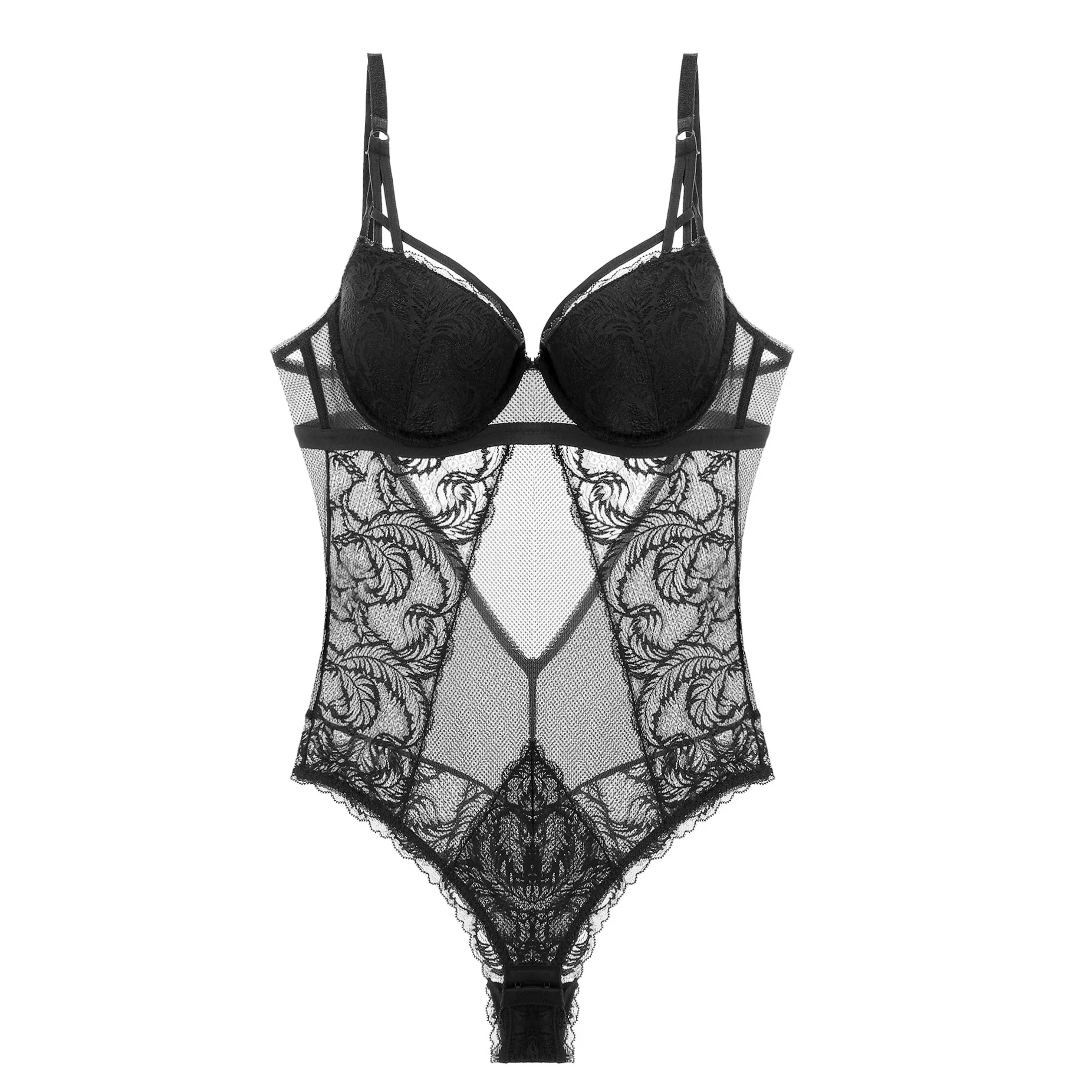 

Lightly Sexy Women Full Body Sheer Lace Jumpsuit Bodysuit Lingerie Shapewear Black Push Up Bra Slim Body Suit Romper Mesh Top