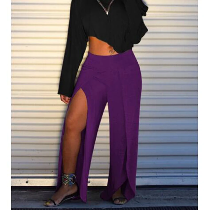 

High slit wide leg pants women Sexy one split leg long trousers Casua loose high waist pants pantalones mujer summer 2019