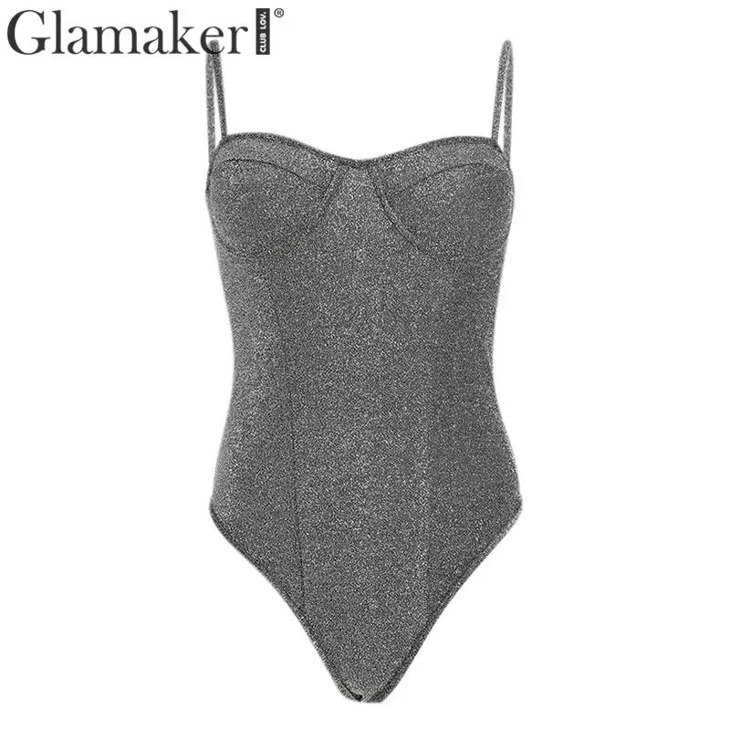 Женский облегающий боди Glamaker цельный комбинезон без рукавов с люрексом для