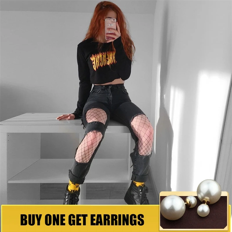 

HOUZHOU Gothic Streetwear Hole Jeans Pants Hollow Out Sexy Punk Rock Cotton Mid Full Length Solid Vintage Jogger Mujer Slim