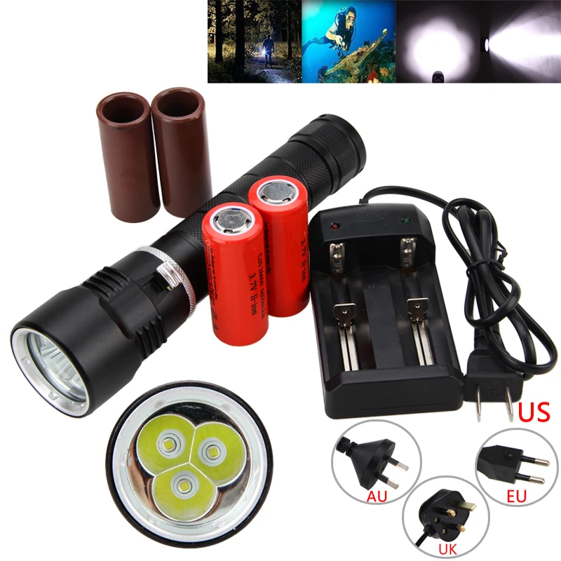 

10000LM 3x XM-L T6 LED Scuba Diving Flashlight Underwater Tactical Diving Flashlight Lanterna Torch+2*26650 Battery+Charger