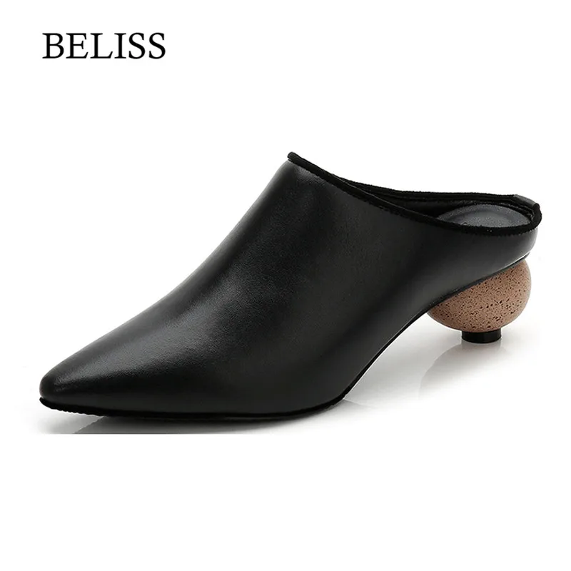 

BELISS 2019 Summer Mules Lady Sandals Slippers Slip On Pointed Toe Slides Womens Shoes Med heels PU Leather Women Slippers S49
