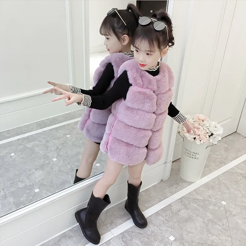 Cute Thick Warm Girls Artificial Fur Long-Vest Age for 3- 10 Yrs Baby Waistcoat Girl Kids Sleeveless Coats Fashion Children Vest