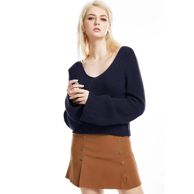 

IANLAN Womens Off Shoulder Pullover V-neck Sexy & Club Sweater Girls Winter Flare Sleeve Solid Strapless Knitwear IL00314