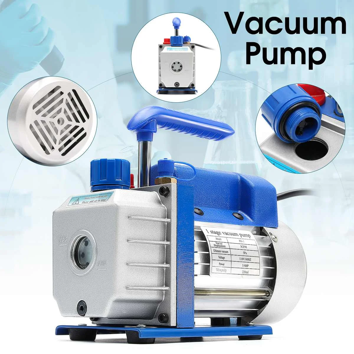 

200ml 60HZ 3CFM 5Pa Single Stage Vacuum Pump Rotary Vane Low Pressure 1/4HP Air Conditioning Tool System Refrigeration Tools