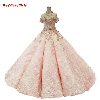 

2018 Elegant Pink Lace Princess Wedding Dresses 2018 African Black Girls Flowers Lace Up Sheer Neck Puffy Ball Gowns Bridal Gown