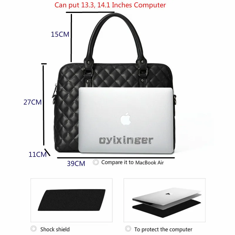 Black Genuine Leather Women Handbag Business Briefcase Bag Women's 14 Inch Laptop Bags Female Cow Leather Diamond Lattice Bag