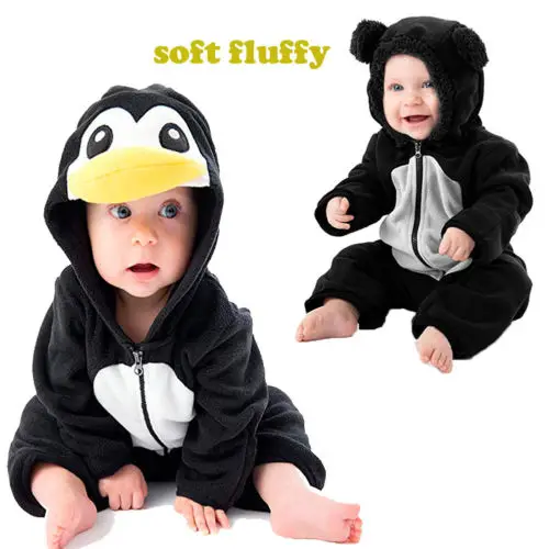 

2019 Winter Baby Furry Romper Cartoon Penguin Bear Playsuit Cute Baby Boy Girl Hooded Romper Infant Clothes Animal Jumpsuit