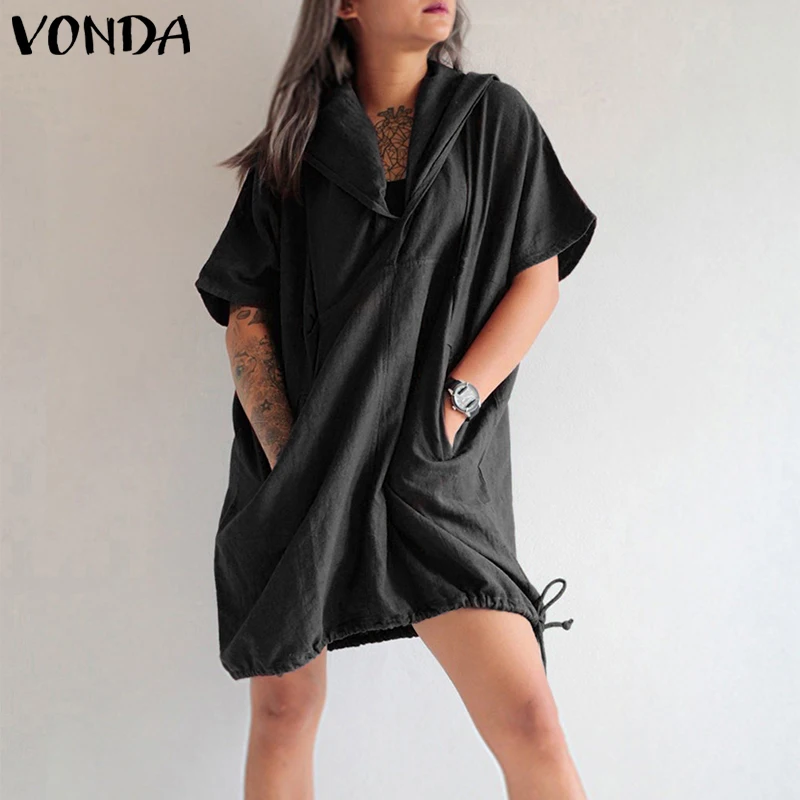 

VONDA 2019 Beach Summer Dress Women Short Sleeve Sexy V Neck Mini Dress Loose Pockets Black Hoodies Vestidos Plus Size S-5XL