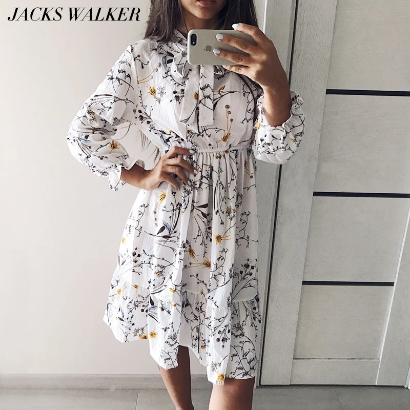 

Dress Women Chiffon High Elastic Waist Party Dresses Bow A-line Girl Long Sleeve Flower Print Floral Bohemian Vestido Plus Size