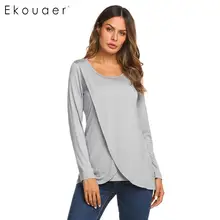 Ekouaer, длинный рукав, топ для сна, женские ночные рубашки, рубашка для кормления, для беременных, ночная рубашка, повседневная, круглый ворот, Одноцветный, Пижамный костюм из вискозы