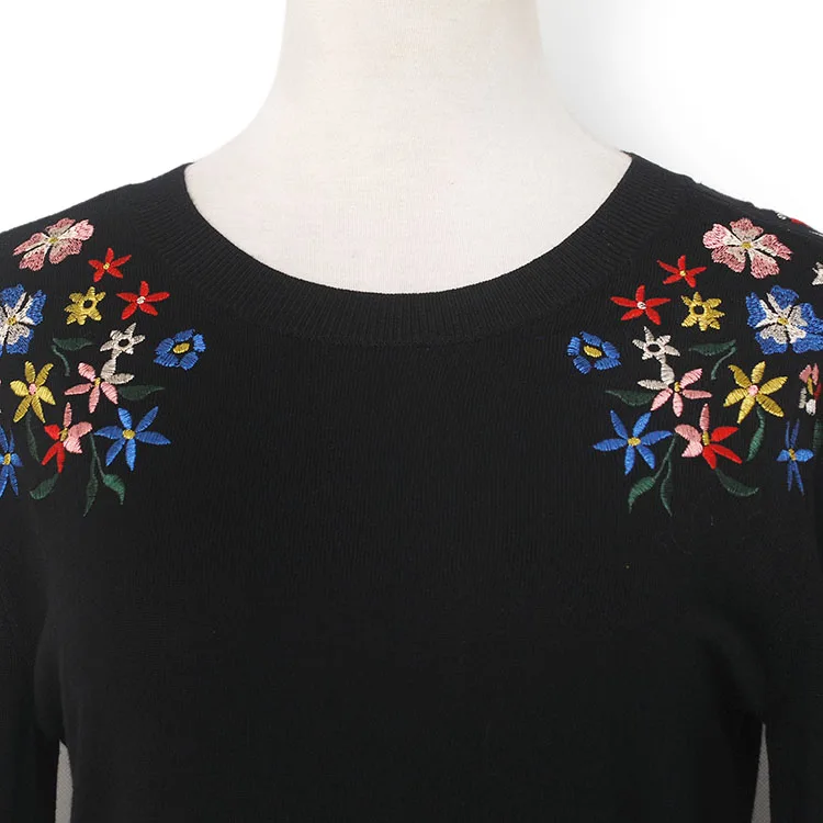 YUNINYOYO shoulder and sleeves with Fine little flower embroidery knited t-shit pullover autumn thin sweater with ribbon on back YUNINYOYO shoulder and sleeves with Fine little flower embroidery knited t-shit pullover autumn thin sweater with ribbon on back