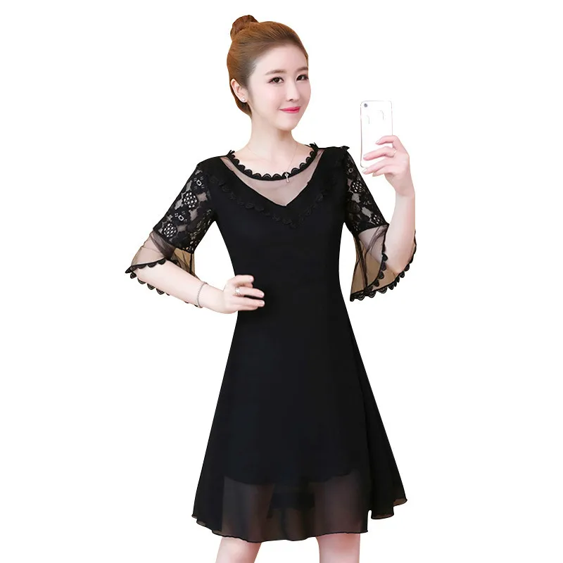 

Women O Neck Flare Sleeve Party Summer Chiffon Dress Sexy Hollow Out Knee-Length Dresses Vestidos Plus Size 5XL