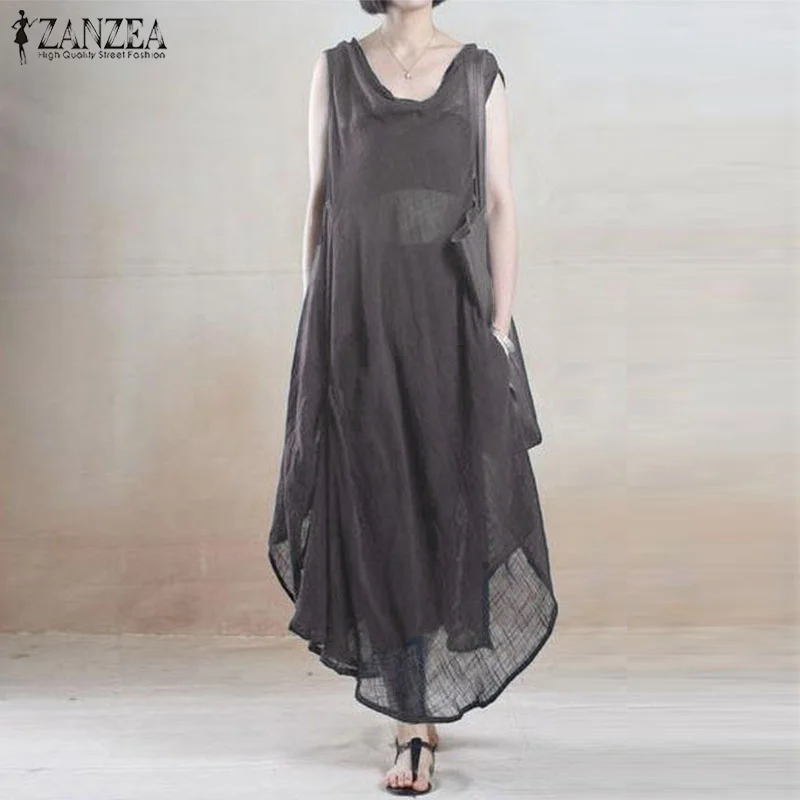 

Tank Vestido Women's Asymmetrical Sundress 2019 ZANZEA Kaftan Linen Dress Plus Size Female Sleeveless Casual Summer Dress Robe