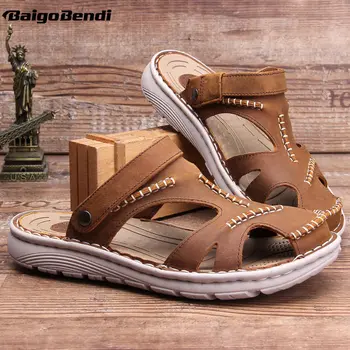 

US 6-10 Genuine Leather Close Toe Sandals Men Hollow Out Summer Slides Breathable Man Beach Shoes Casual Slippers