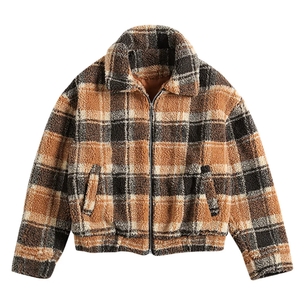 low cost Jacket Women Winter Zipper Short Plaid Jacket Turn Down Collar Long Sleeve Female Clothes Jackets C