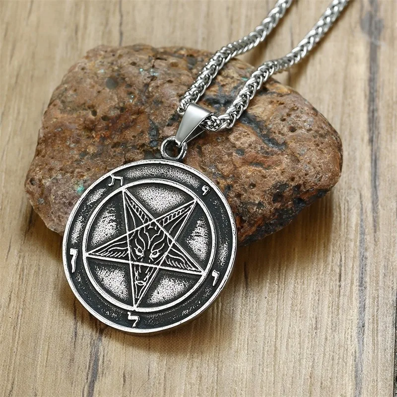

Lucifer Sigil Want Need Satan Occult Morning Star Pendant Necklace for Men Stainless Steel Pagan Jewelry 24 inch Chain