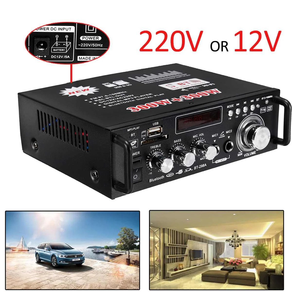 12V/ 220V BT-298A 2CH LCD Display Digital HIFI Audio Stereo Power Amplifier bluetooth FM Radio Car Home 600W with Remote Control