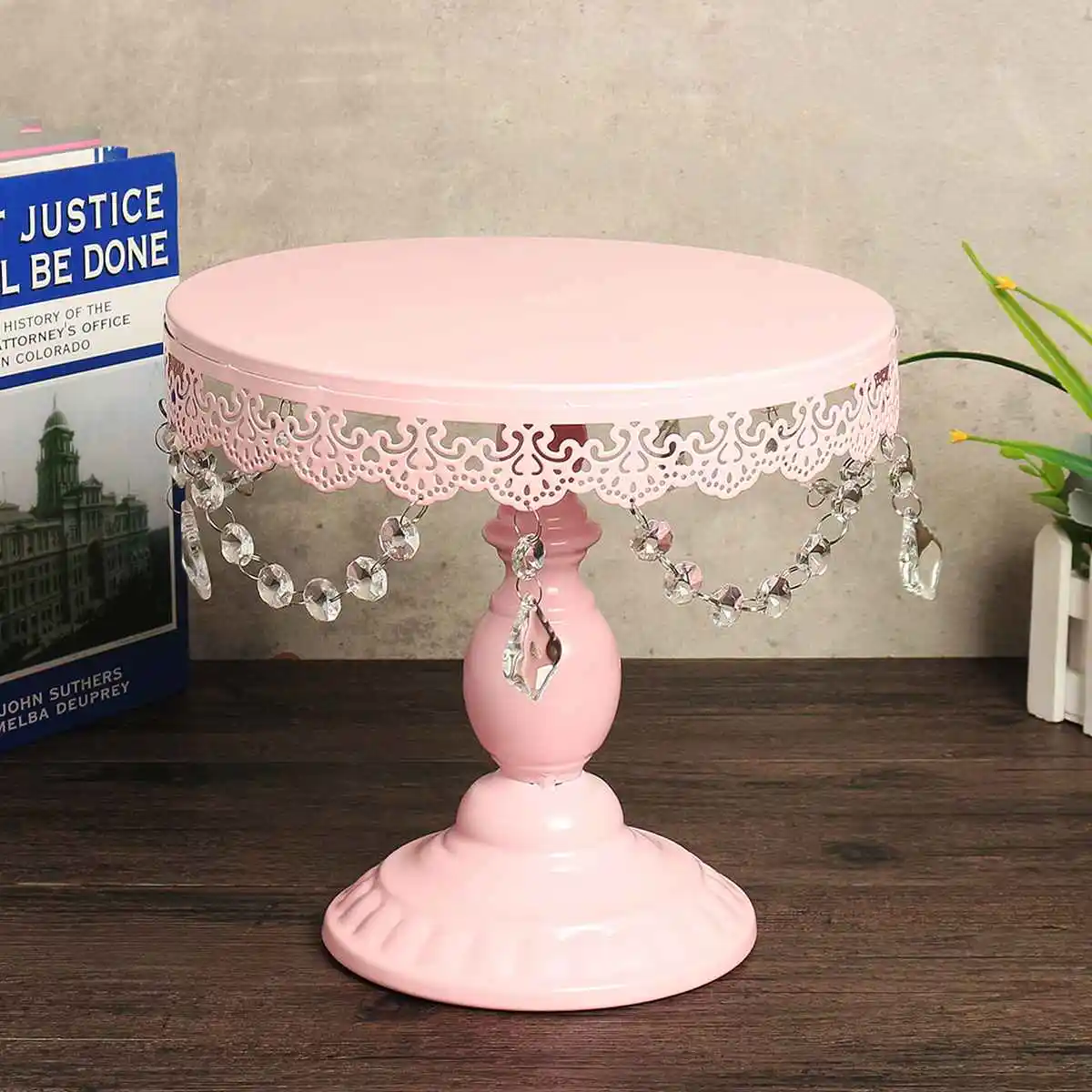  Pink Iron Crystal Pendant Cake Stand Mirror Surface Wedding Dessert Tray Cupcakes Fruits Cookies Pa