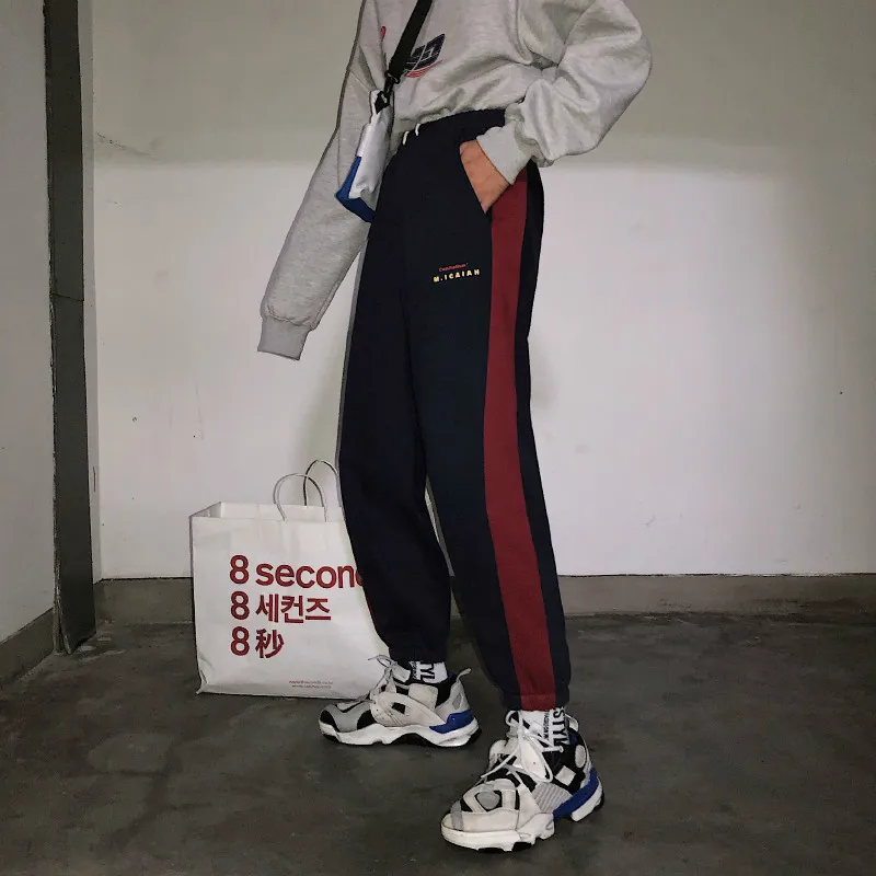 

2018 Autumn and winter new Splicing color collision thickened casual pants Korean Edition Men's wear Hip-hop Beam foot trousers