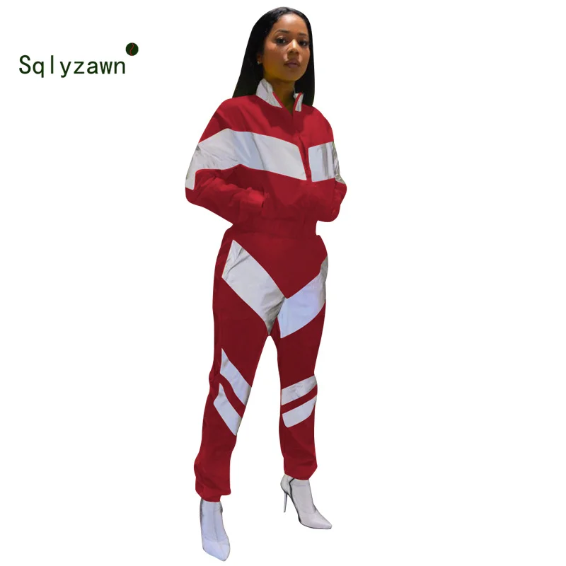 

2019 Reflective Bomber Jacket Tracksuit 2 Two Piece Set Women Jacket + Pants Sweat Suit Outfits Matching Sportswear Women's Suit