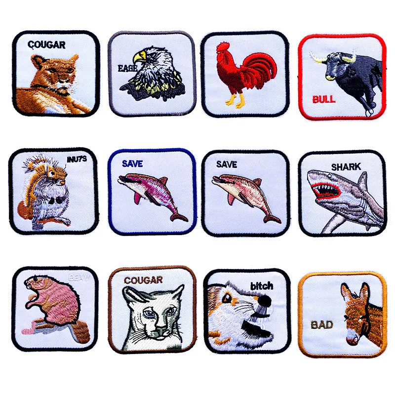 

PGY 2019 1PCS Bull Iron on Squirrel Patches Animal Embroidered Patch Appliques for DIY T-shirt Jeans Jackets Cock square Badges
