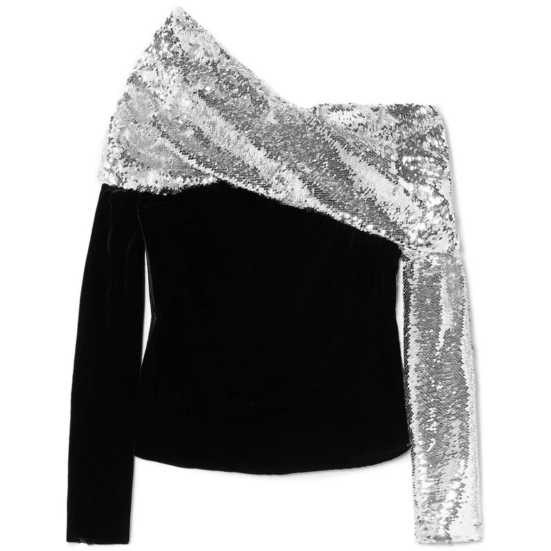 TWOTWINSTYLE Patchwork Sequins Velour T-shirts For Women Asymmetric Collar Long Sleeve Loose Tops Female T-shirt Elegant Clothes