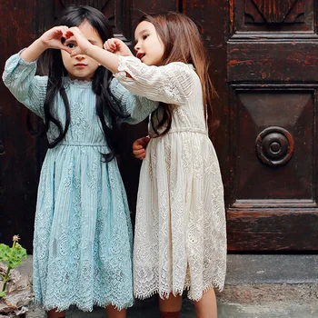 

Girl Long Lace Prom Dress With Sweet Flower For Age 3-12 Baby Kids Princess Dresses Green Cream Long-sleeved Wedding Party Dress