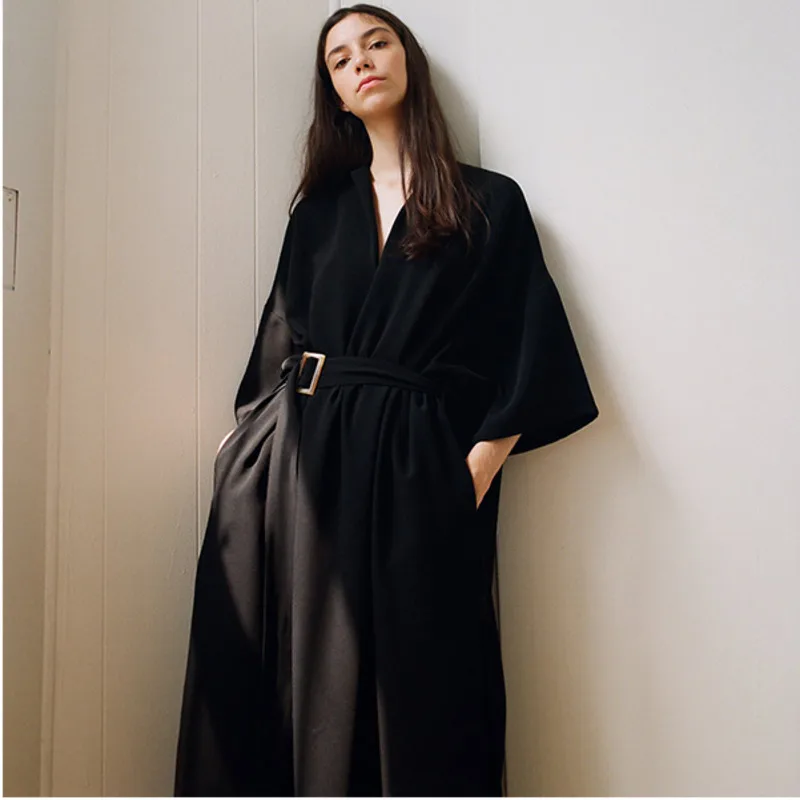 

[EWQ] Summer Of 2019 New Pattern V-collar Short Sleeve Solid Patchwork Adjsutable Waist Casual Loose Dress Women AE50301