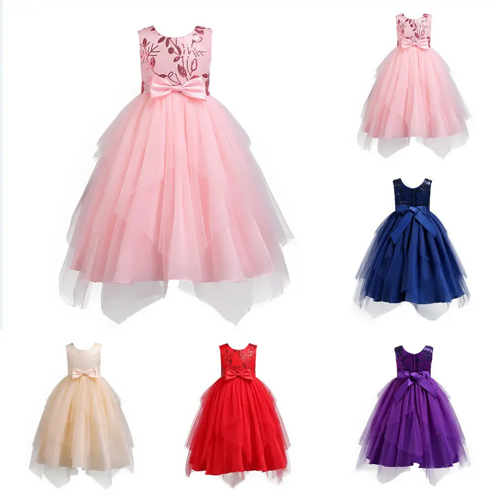 

Embroidery Flower 3-14Y Girl Sequin Wedding Bridesmaid Pageant Party Formal Dresses Sleeveless Lace Ankle Length Tutu Dress