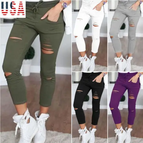 

Women's High Elastic Waist Broken Hole Pants Black White Burgundy Army Green Pockets Skinny Casual All-match Pants