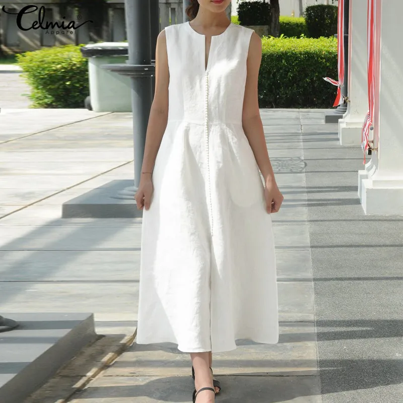 

Celmia Women Vintage Maxi Dress 2019 Summer Sexy V Neck Sleeveless Long Dress Belted Loose Lace Party Holiday Vestidos Plus Size