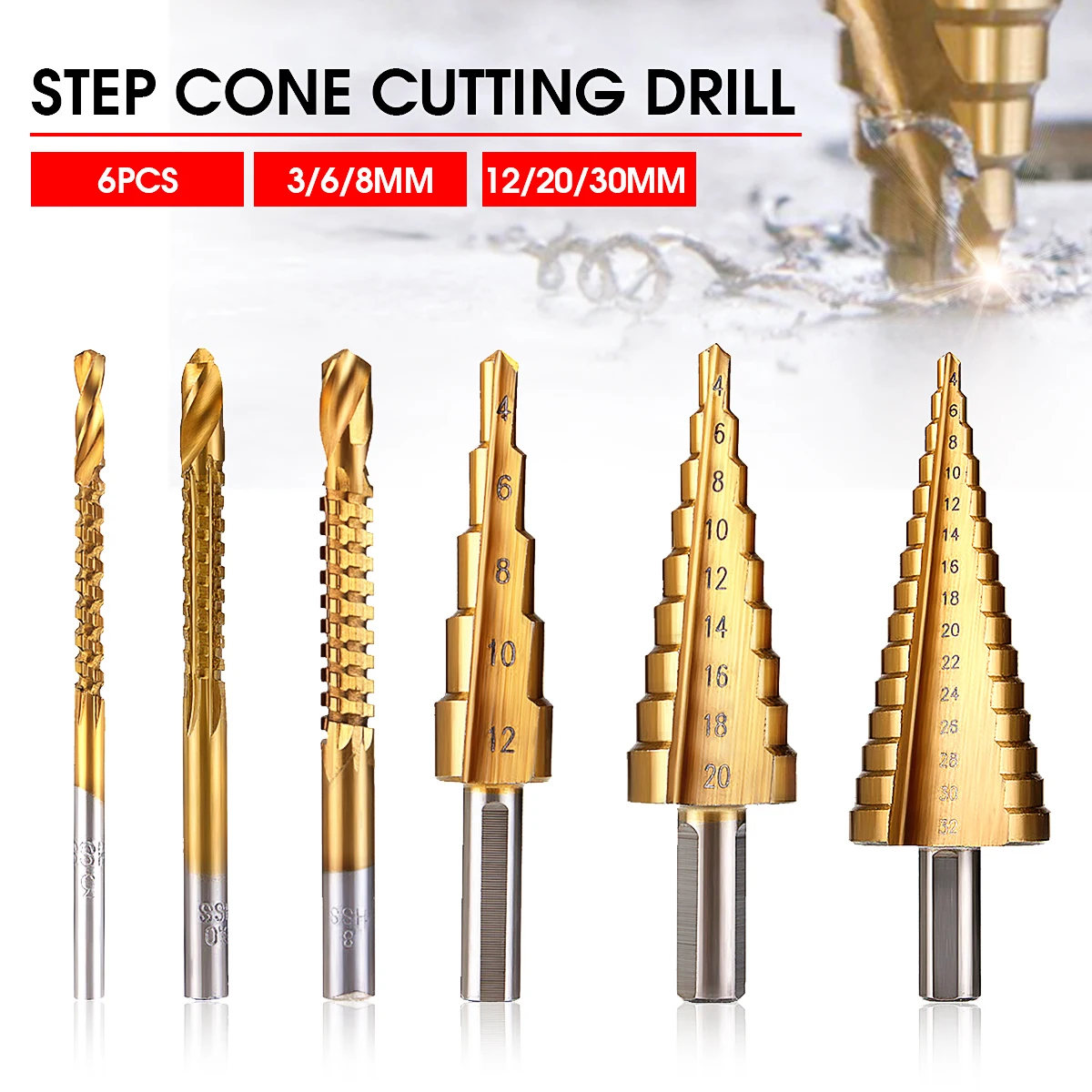 6pcs Set Steel Titanium Nitride Coated Step Drill Bit Quick Change Bits