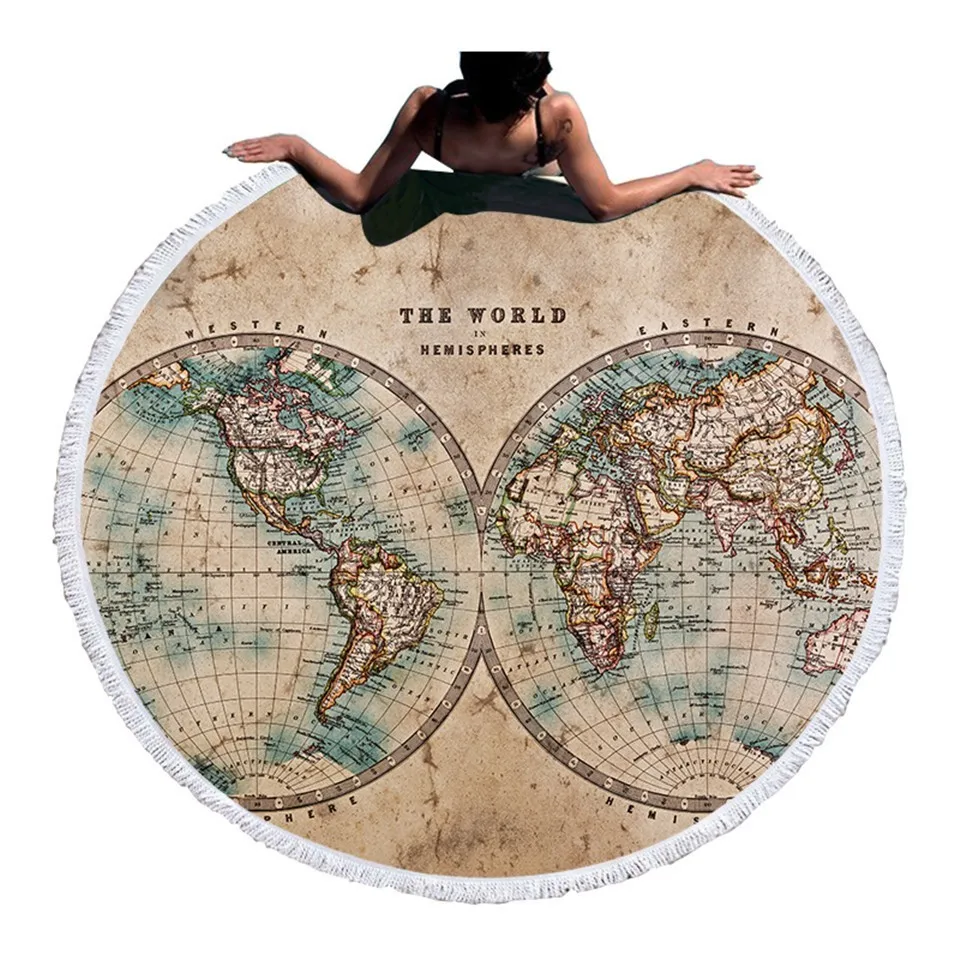

3D World Map Round Beach Towel Geography Tassel Tapestry Hemisphere Map Yoga Mat Brown Blue Vintage Toalla Blanket