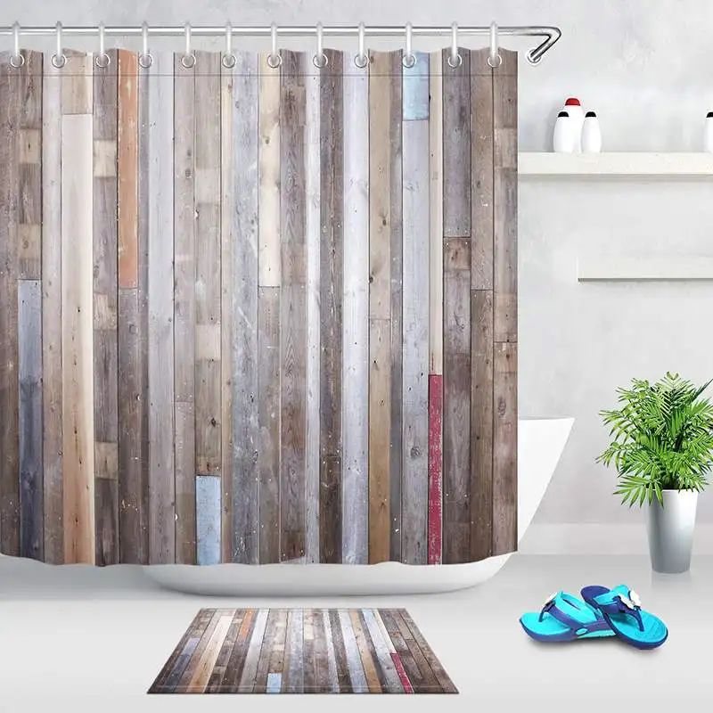 Rustic Wood Wall Bathroom Curtain Waterproof Mould Proof ...