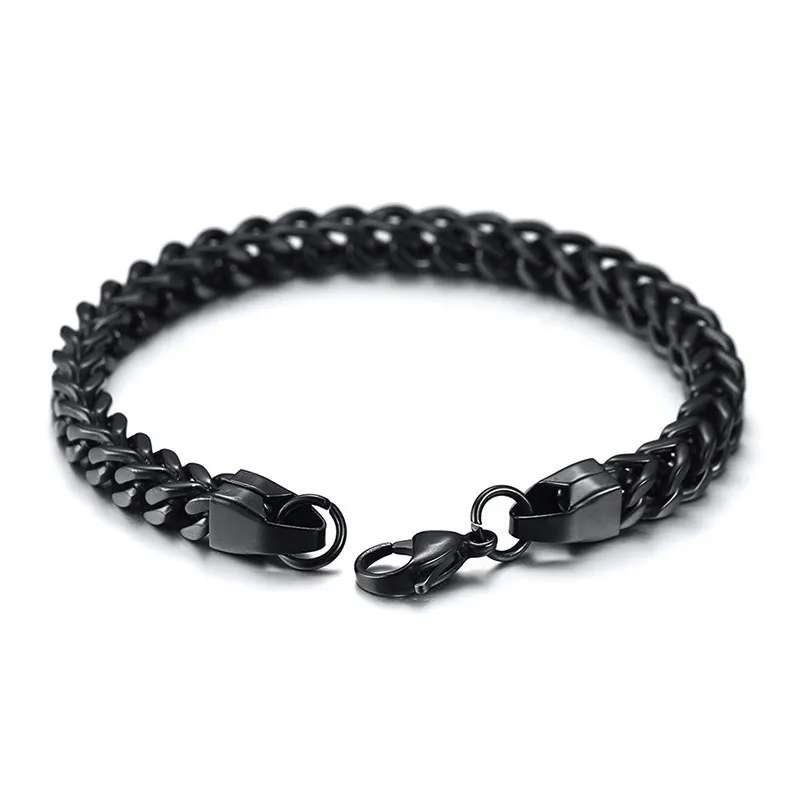 

6MM Men Stainless Steel Double Link Chain FoxTail Bracelet Franco Chain Braslet in Black Male Jewelry 8.6 inch