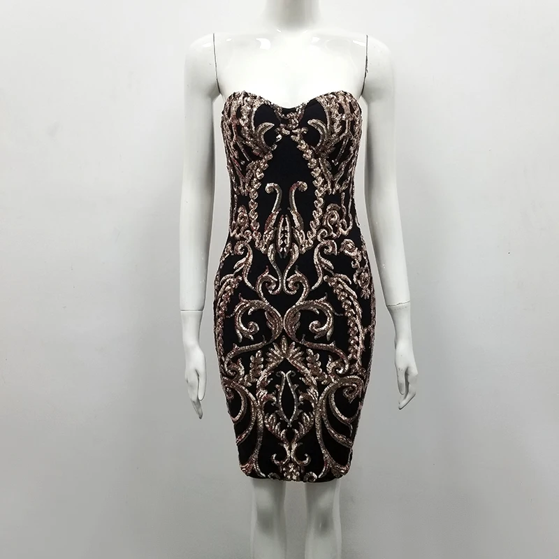 Women Black Gold Strapless Mini Bodycon Dress High Quality Night Club Party Dress