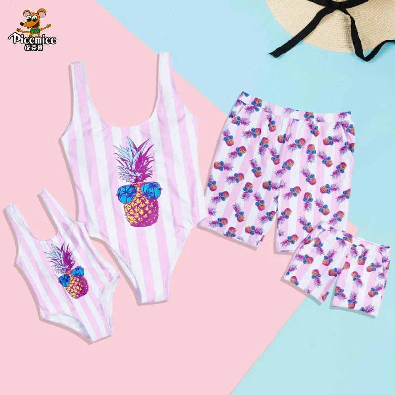 

Family Matching Clothes Striped Pineapple Print Swimsuits Mother Daughter Swimwear Dad Son Beach Shorts Family Look Outfits