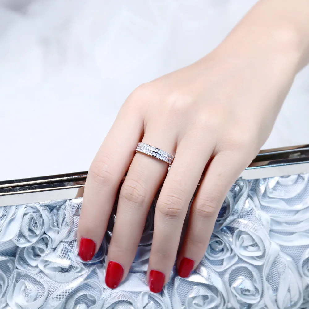 DreamCarnival 1989 2-row Zircon Round Turkish Jewelry AAA Quality Classic Bridal Ring Band 925 Sterling Silver Jewelry SJ15037