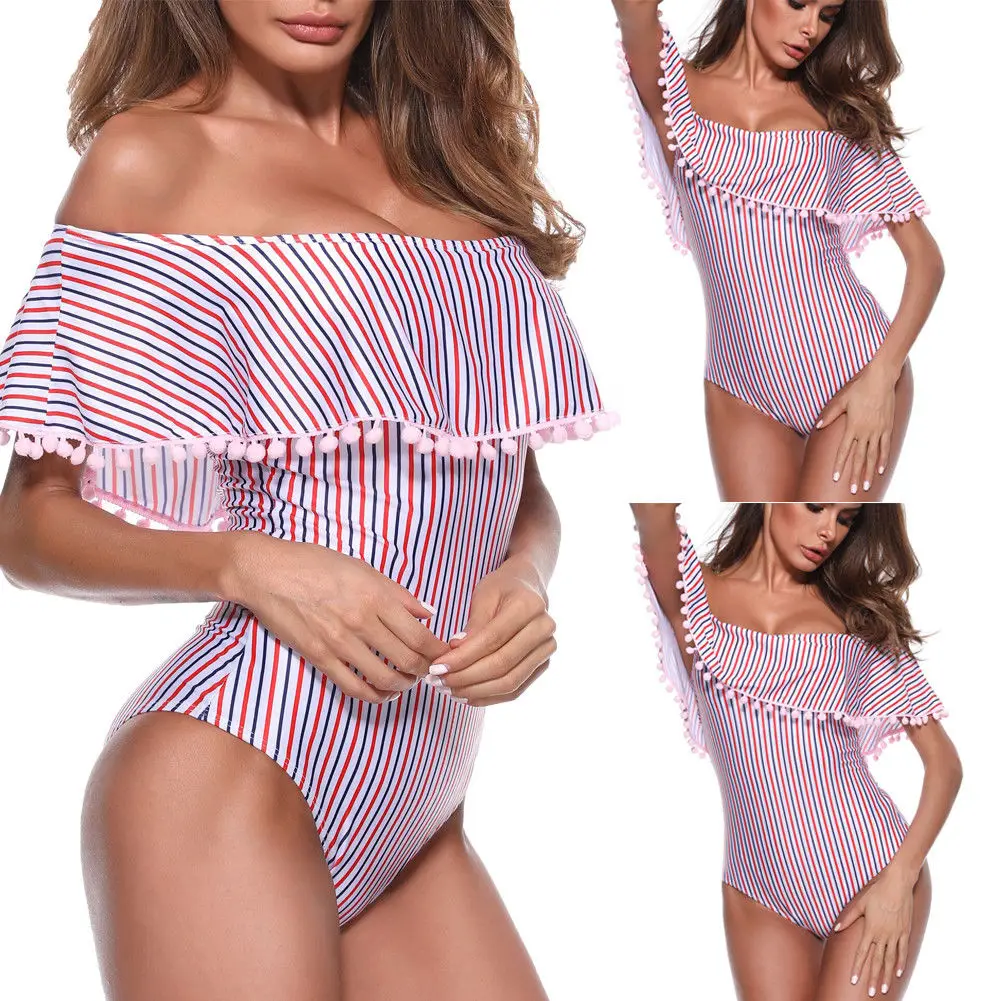 

Boho Summer Womens Bandage One Piece Tassel Fringe Monokini Push-up Padded Off Shoulder Stripe Bodysuit Swimwear Swimsuit