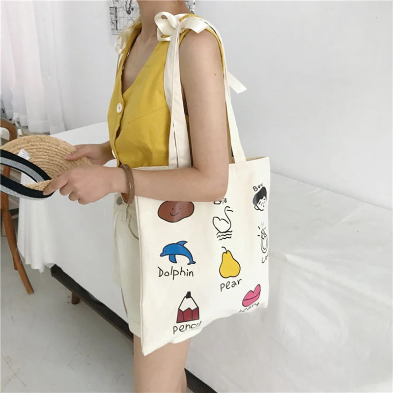 

Youda Japanese Cute Childlike Cartoon Shoulder Bag Simple Casual Style Totes Thin Section Canvas Handbags Green Shopping Bags