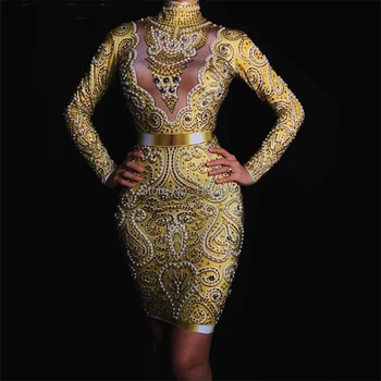 

Sparkly Gold Rhinestones Pearls Skinny Dress Glass Diamond Long Sleeve Mini Dress Formal Party Women Nightclub Clothing Costumes
